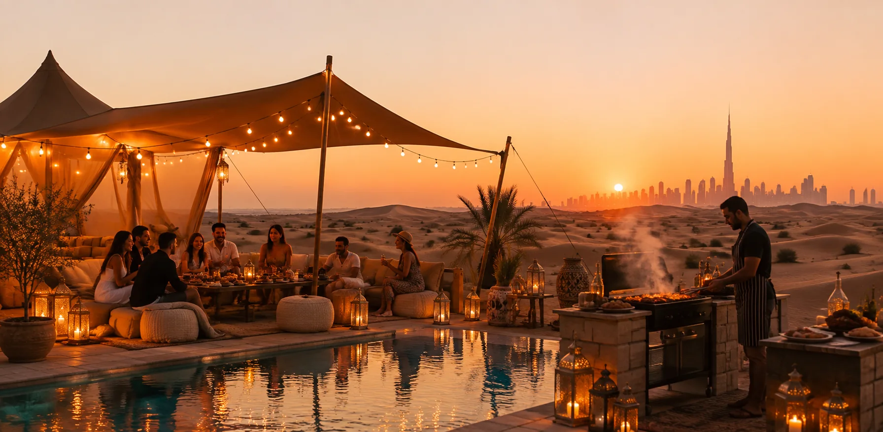 Desert safari camp at sunset with Dubai skyline